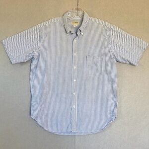 L.L.Bean Seersucker Button Front Shirt Striped Short Sleeve Blue Wht Cotton XL